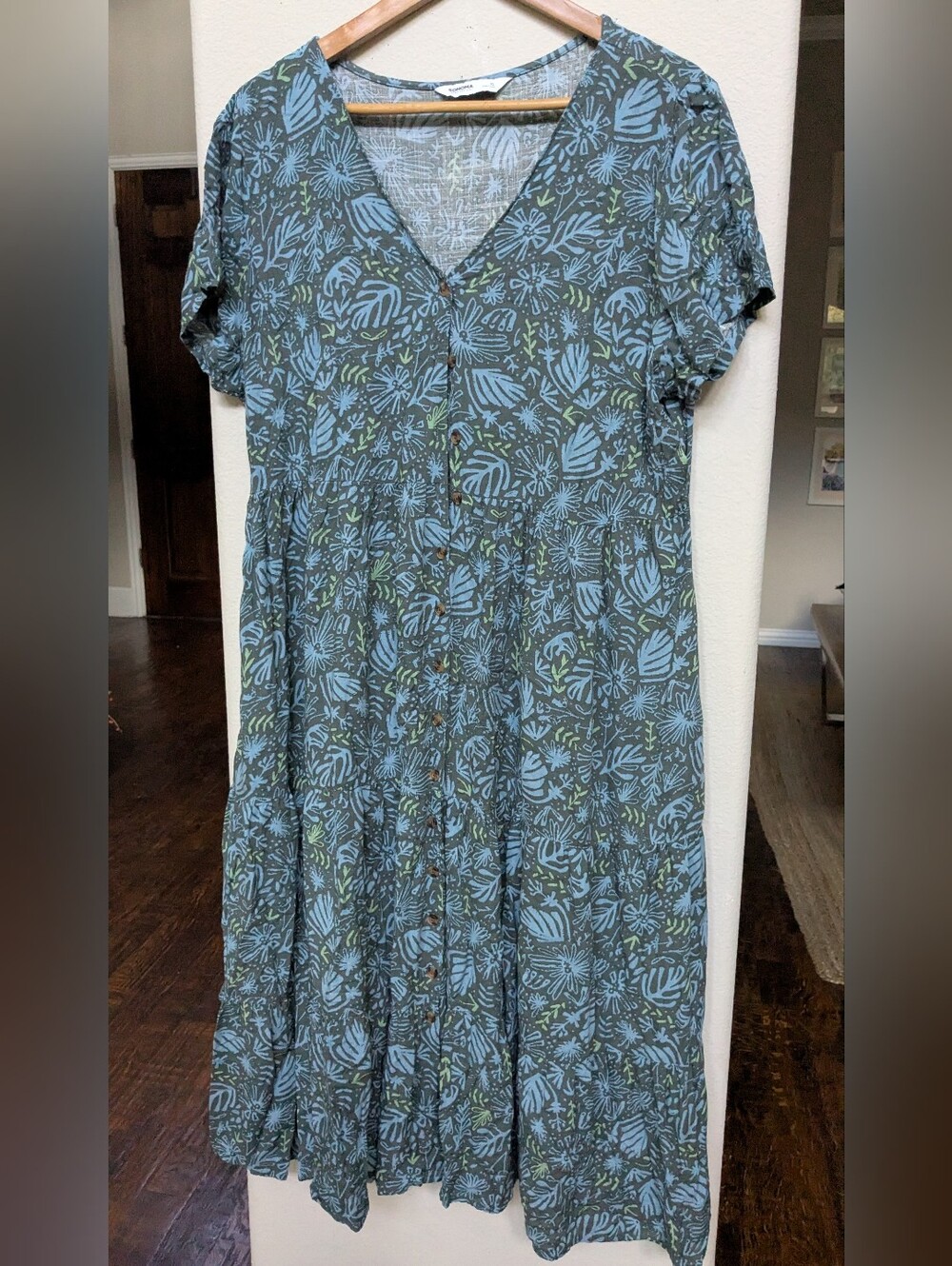 Sonoma Teal and Light Blue Floral Button-Front Midi Dress